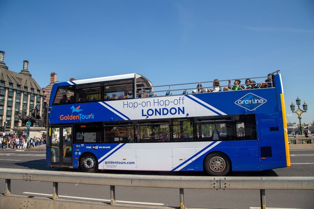 A hop-on hop-off bus in London.