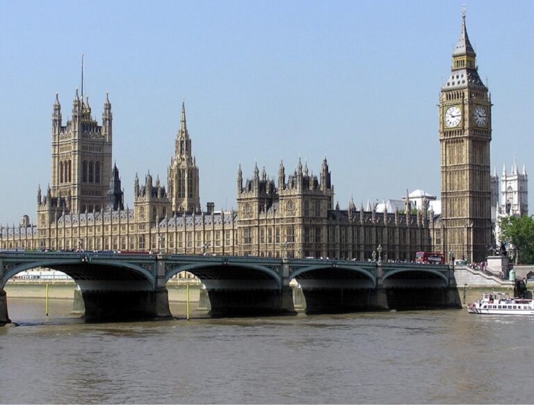 A photo of the outside of the Houses of Parliament.