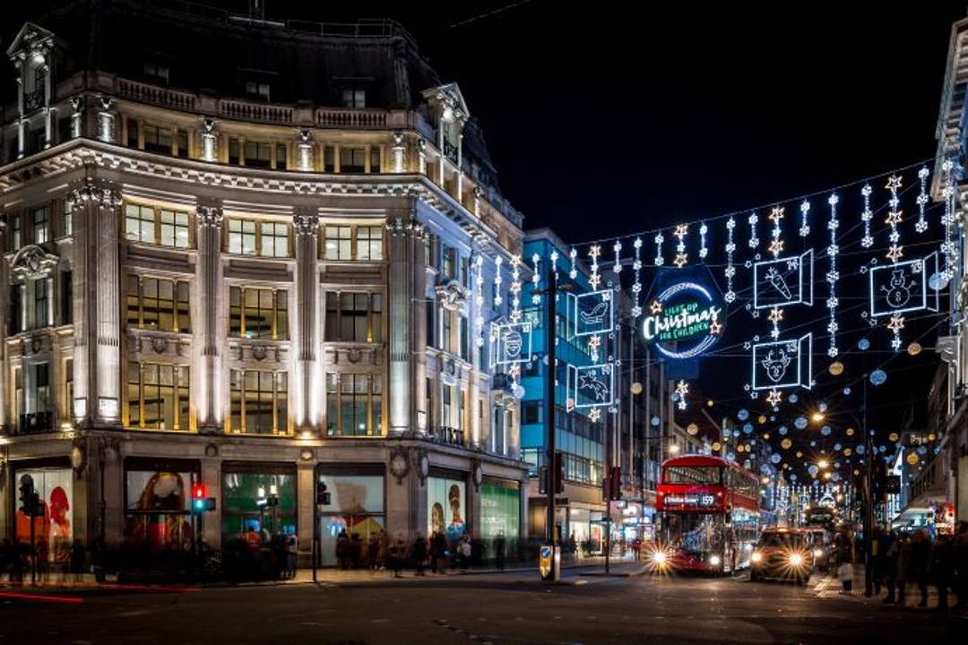 A photo of Christmas lights at Oxford Street.