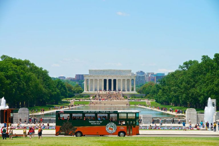 A photo of a Washington DC tour passing the Lincoln Memorial.