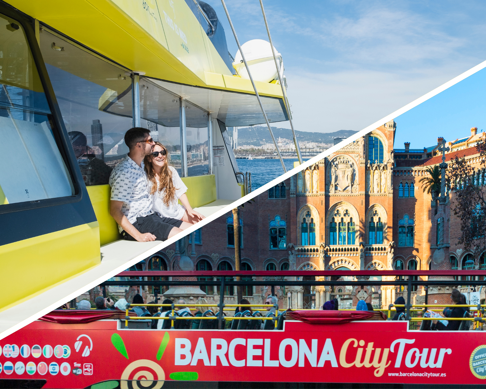 A photo showing people on a Catamaran Cruise, and a bus tour in Barcelona.