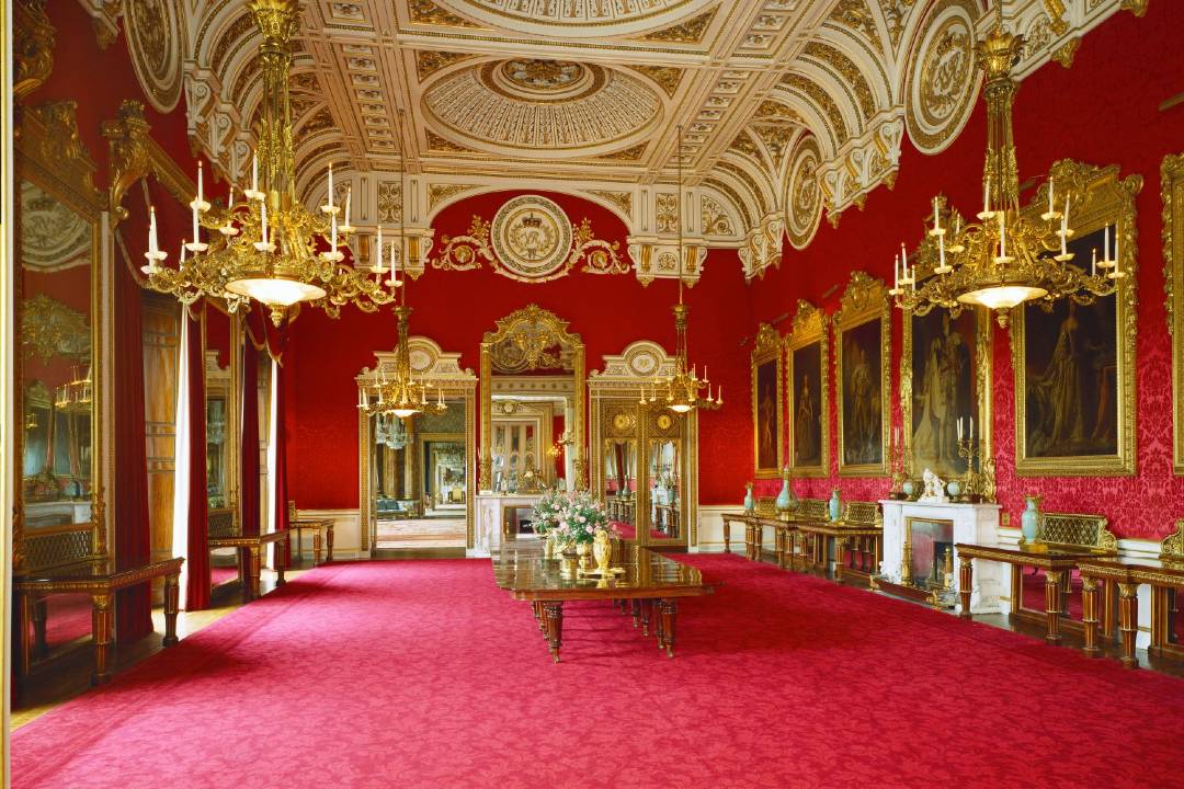 A photo of the State Rooms at Buckingham Palace.