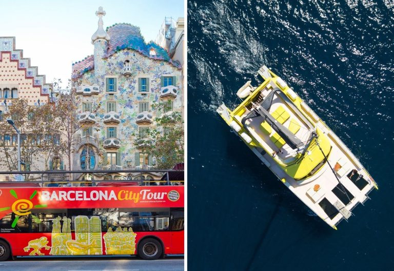 An image, half displaying a Barcelona bus tour, the other half showing a boat.