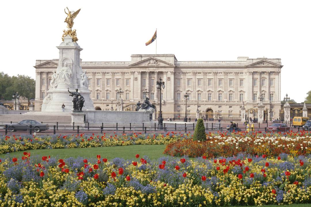 A photo of Buckingham Palace from a distance.