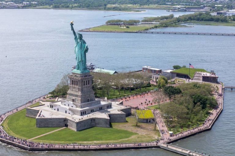 An aerial photo of Libery Island and the Statue of Liberty.