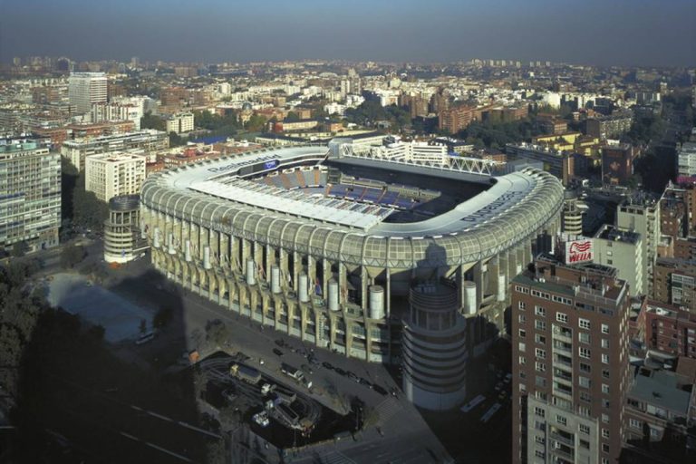 A photo of the exterior of Santiago Bernabéu stadium.