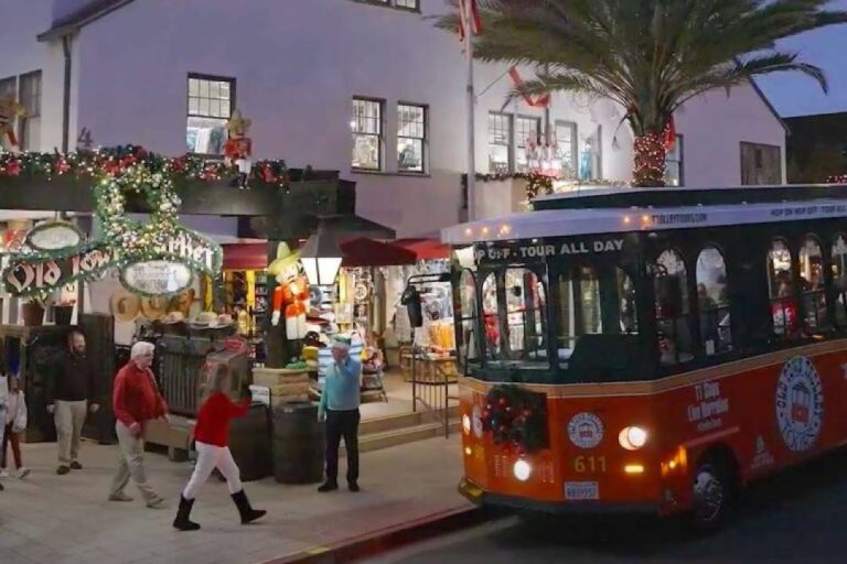 A photo of a San Diego Christmas Lights tour stopped outside of the Old Town market.