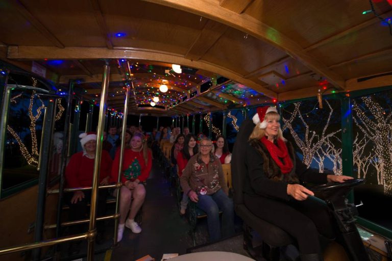 A photo of people aboard a San Diego trolley tour.